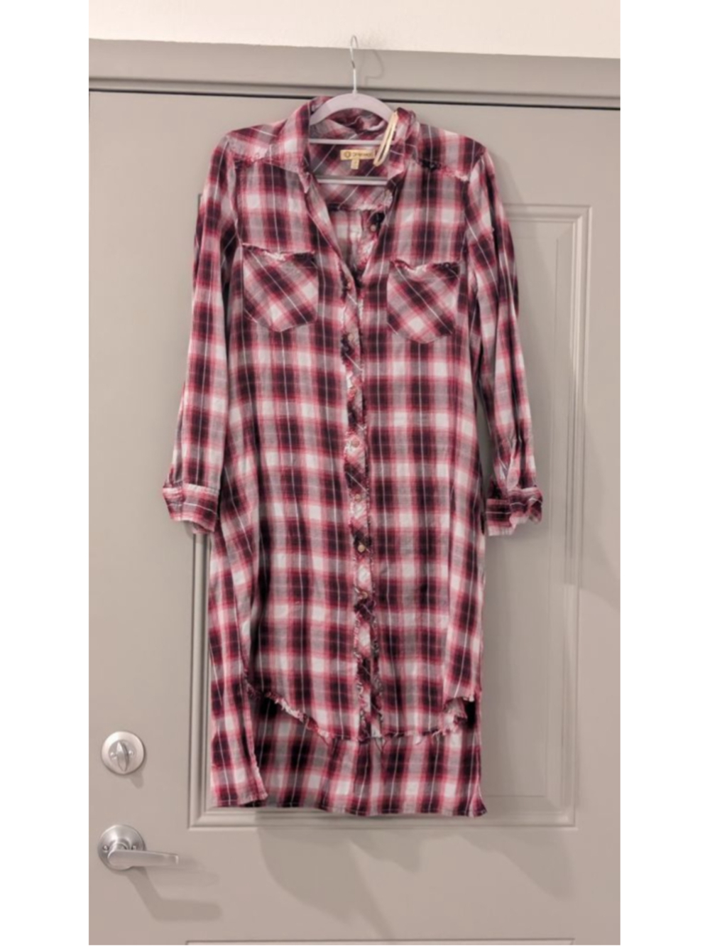 Democracy Plaid Tunic Shirt Dress Lace-Up Back Small Red Gray